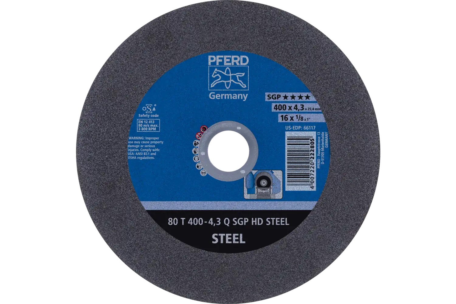 Picture of Pferd Large Diameter Cut-Off Wheel 16" X 1/8 X 1, Sgp Hd Steel, Q, Aluminum Oxide